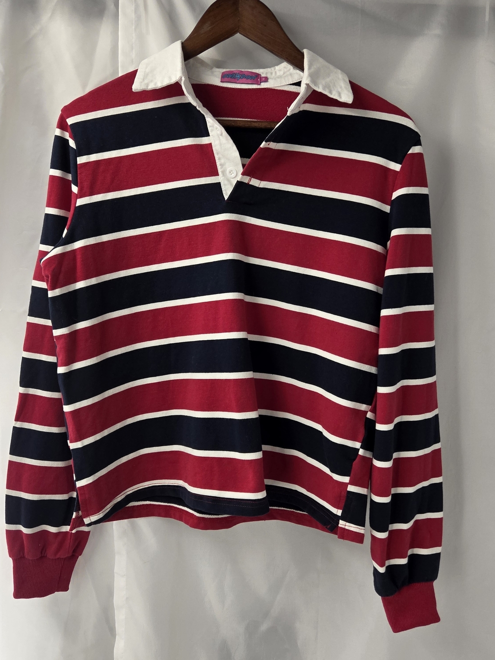 Edikted Striped Rugby Polo Shirt Red Navy White Long Sleeve XS